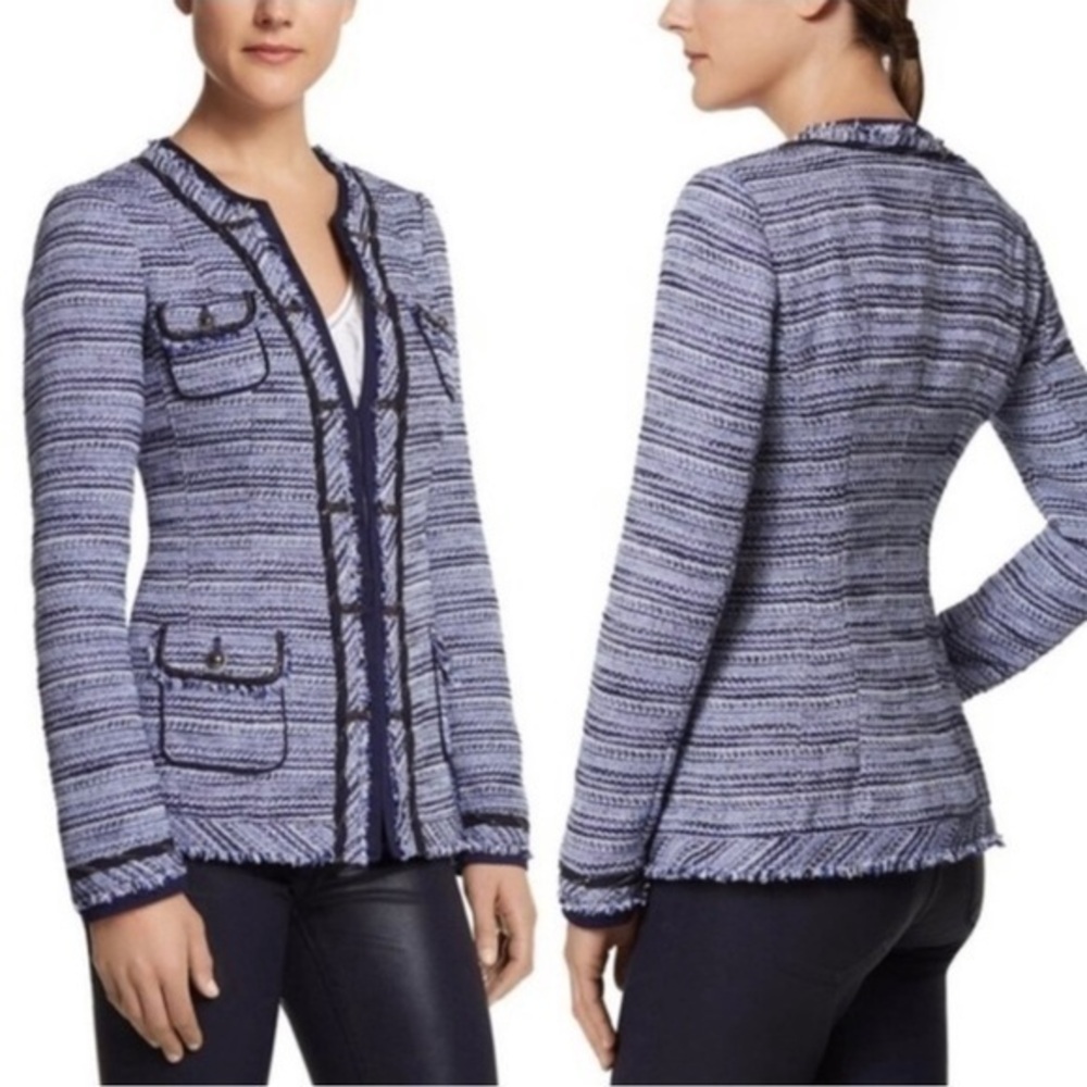 WHBM Blue Tweed Fringed Chain Detail Long Blazer Jacket Size 0